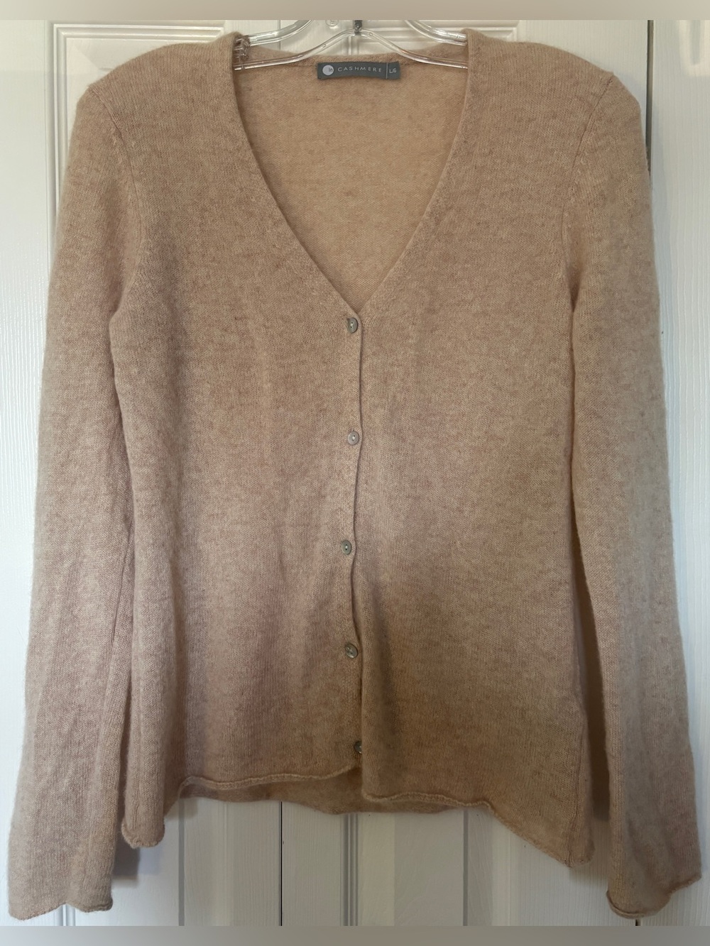 InCashmere Beige Cashmere Button Front V-Neck Cardigan Sweater Large L